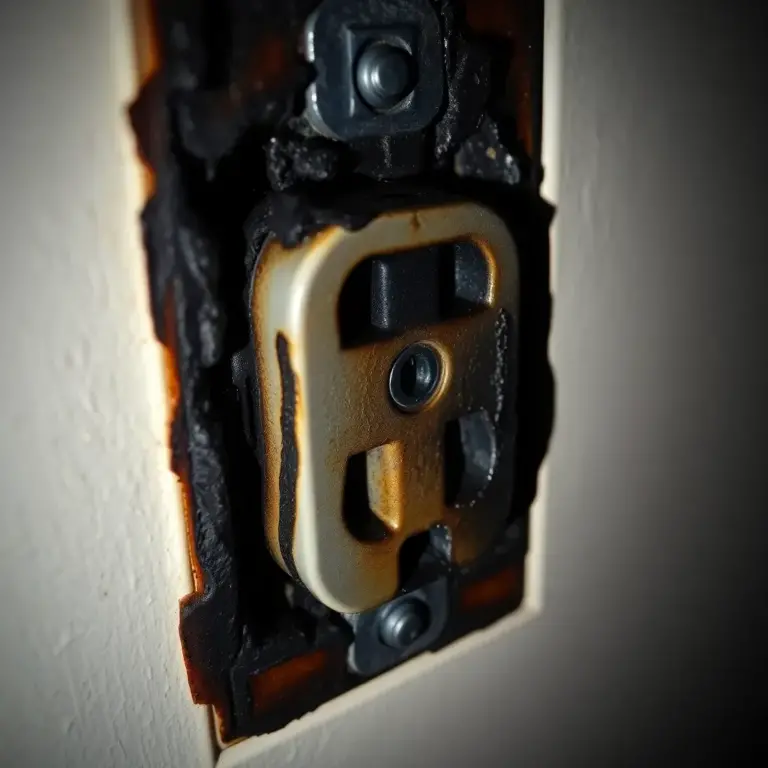 Close-up of a malfunctioning electrical outlet with scorch marks and an overheating power strip showing melted insulation, a warning of potential fire hazards and electrical damage.