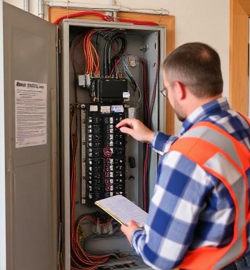 Image highlighting safe electrical practices to prevent fires, featuring an electrical panel, GFCI outlet, and tools for inspection.
