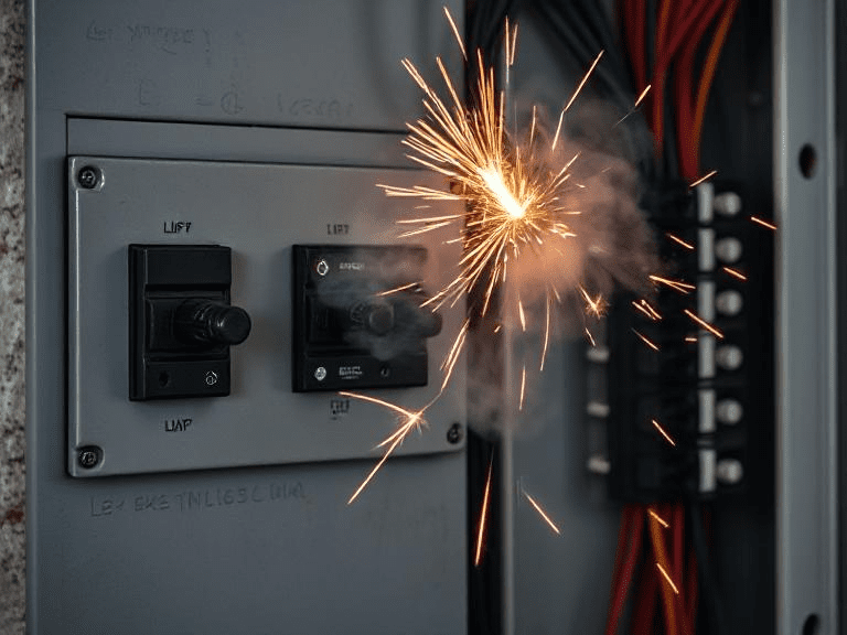 An emergency electrical situation in a home or business, showing a sparking circuit breaker panel and a fire extinguisher, emphasizing the need for immediate action during an electrical emergency in Charlotte, NC.