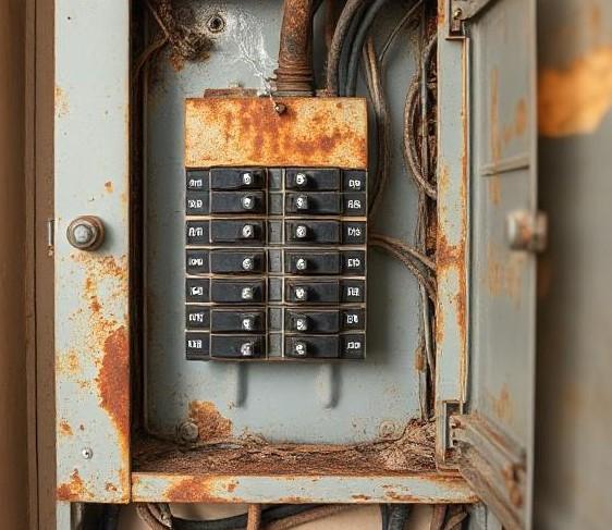 The image illustrates an aging electrical panel with visible signs of wear, such as rust and discoloration, reflecting the decision-making process between repair and replacement for safety and efficiency.