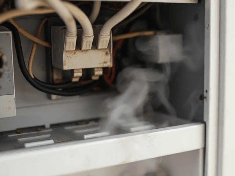 This image features an electrical panel with exposed wires, smoke, and sparks near a damaged outlet, highlighting the importance of recognizing electrical hazards to prevent fires and shocks.