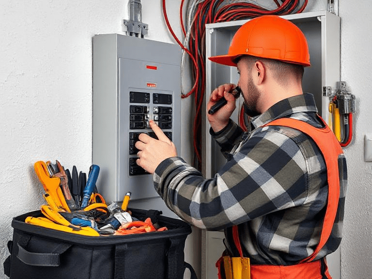 An emergency electrician inspecting an electrical panel with professional safety gear, tools, and equipment to address an urgent issue in Charlotte, NC.