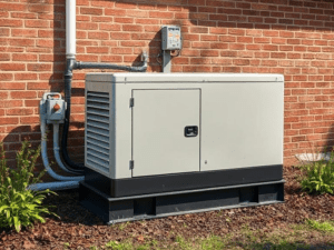 A properly placed emergency generator positioned 20 feet away from the house, ensuring safe ventilation and exhaust direction, as per safety guidelines.