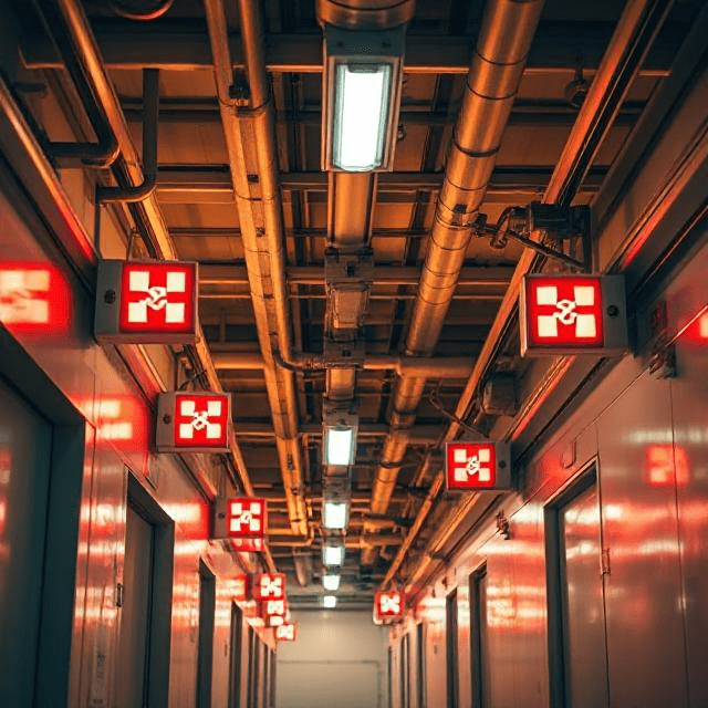 The image illustrates the proper installation of emergency lighting along a commercial building's escape route, showcasing compliance with safety standards and strategic light placement above exits and along corridors to guide occupants in emergencies.