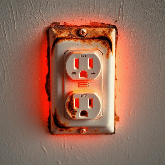 The image showcases an electrical outlet with visible signs of overheating, burn marks, and warmth, highlighting the urgent need for electrical repairs due to potential hazards like circuit overloads and faulty wiring.