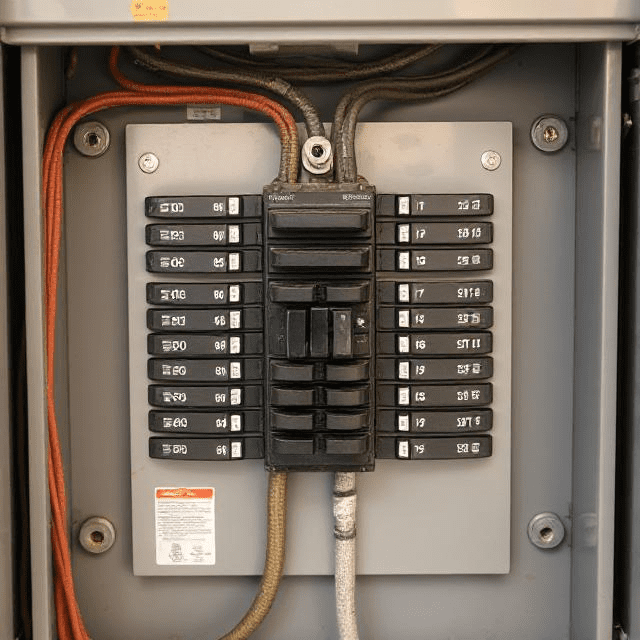A close-up view of a residential main circuit breaker panel with a focus on the larger main breaker. The electrical panel is clean and organized, showing the switch that controls the power flow to the home’s entire electrical system.
