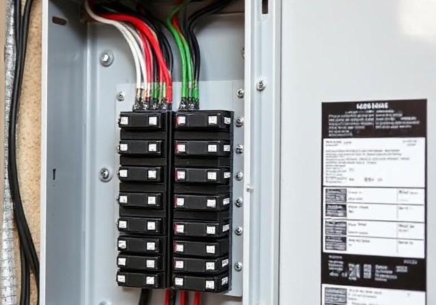 A detailed image showing the inner workings of a subpanel electrical system installed within a residential property. The subpanel's circuit breakers, feeder wires, and electrical components are visible, emphasizing the panel’s role in distributing power safely.