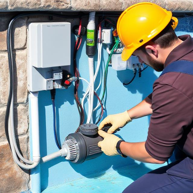 Close-up of a pool electrician installing electrical components, such as wiring for the pool pump, heater, and lighting, using weatherproof materials and specialized tools.