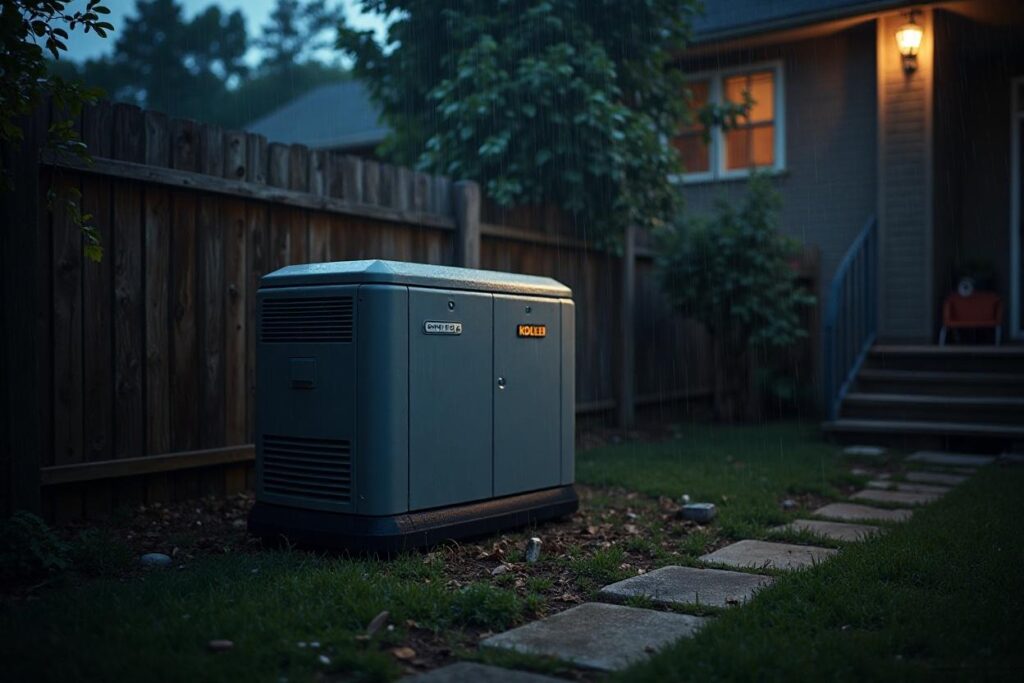 Kohler generator running during nighttime storm in Charlotte