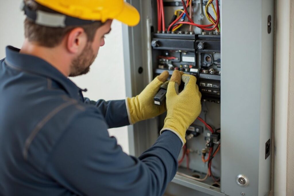 Licensed Ewing Electric Co. electrician inspecting an electrical panel in a Charlotte, NC home for safety and code compliance