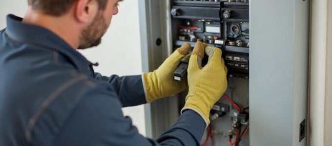 Licensed Ewing Electric Co. electrician inspecting an electrical panel in a Charlotte, NC home for safety and code compliance