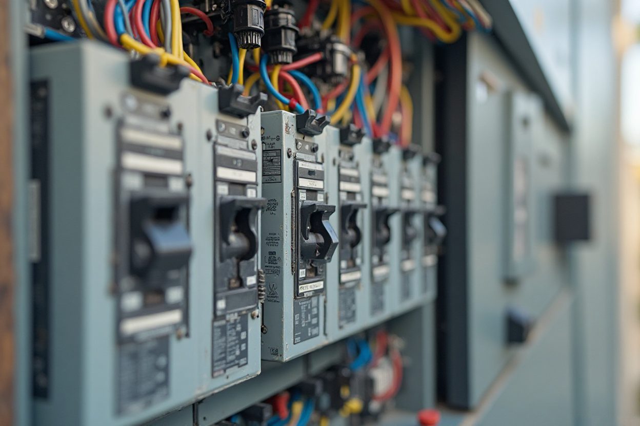 Electrician inspecting a circuit breaker panel during winter in a Charlotte home.
