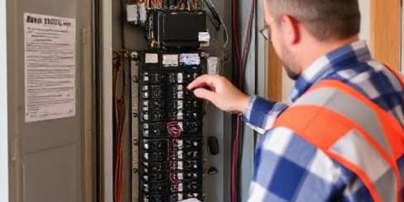 Image highlighting safe electrical practices to prevent fires, featuring an electrical panel, GFCI outlet, and tools for inspection.