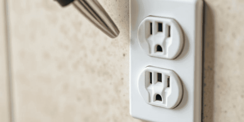 A professional electrical troubleshooting scene showing an electrical panel with tripped breakers, a voltage tester, and an outlet being checked for loose connections and damage, conveying a technical and clean environment.