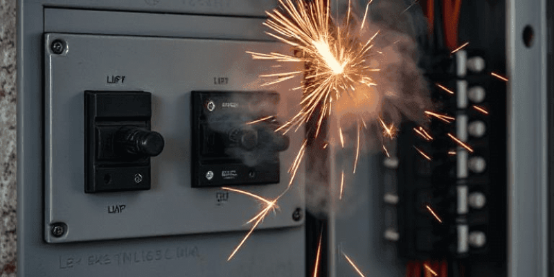 An emergency electrical situation in a home or business, showing a sparking circuit breaker panel and a fire extinguisher, emphasizing the need for immediate action during an electrical emergency in Charlotte, NC.