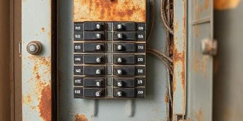 The image illustrates an aging electrical panel with visible signs of wear, such as rust and discoloration, reflecting the decision-making process between repair and replacement for safety and efficiency.