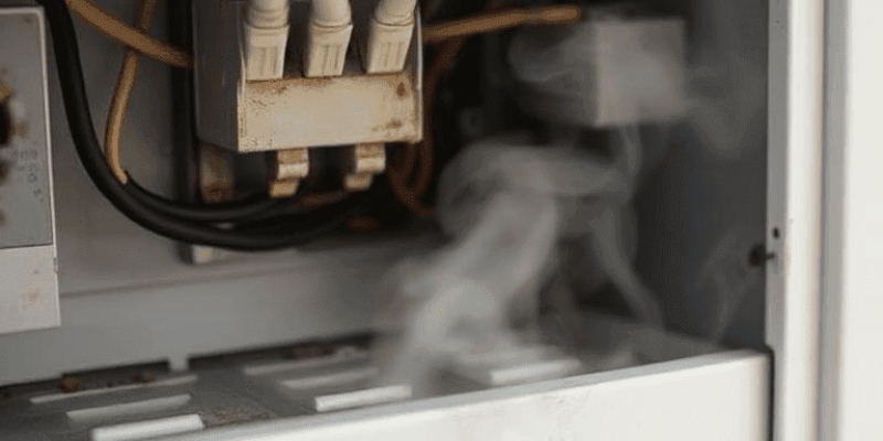 This image features an electrical panel with exposed wires, smoke, and sparks near a damaged outlet, highlighting the importance of recognizing electrical hazards to prevent fires and shocks.