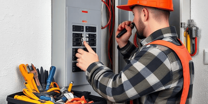 An emergency electrician inspecting an electrical panel with professional safety gear, tools, and equipment to address an urgent issue in Charlotte, NC.