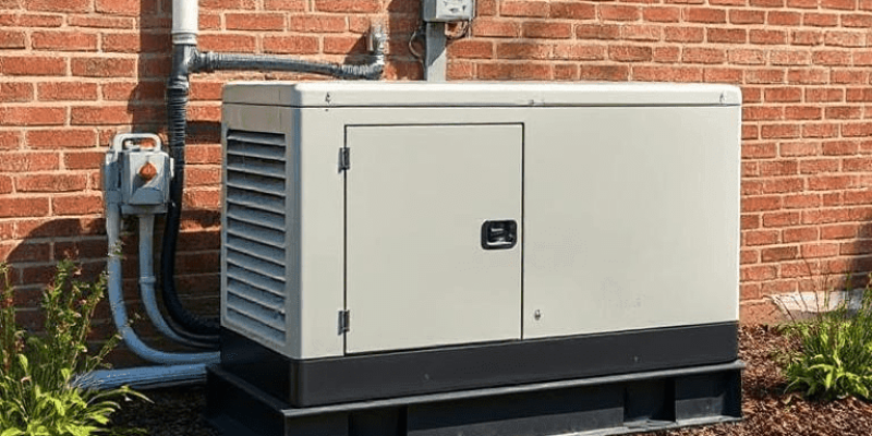 A properly placed emergency generator positioned 20 feet away from the house, ensuring safe ventilation and exhaust direction, as per safety guidelines.