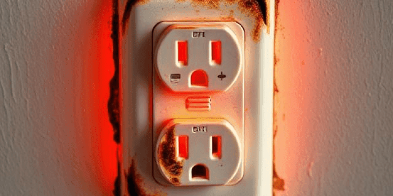 The image showcases an electrical outlet with visible signs of overheating, burn marks, and warmth, highlighting the urgent need for electrical repairs due to potential hazards like circuit overloads and faulty wiring.