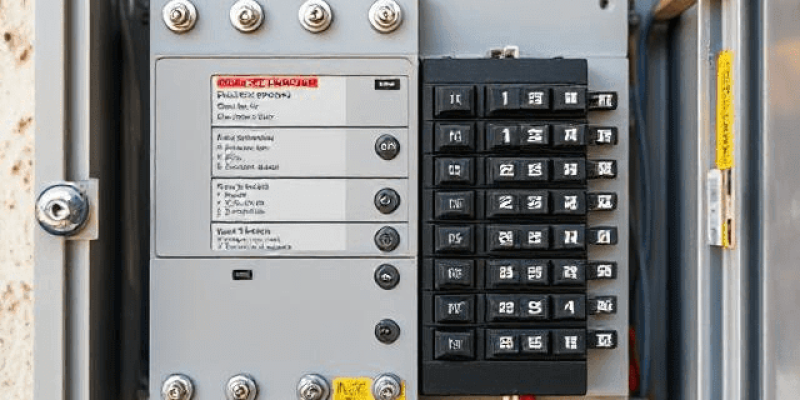 A close-up view of a residential fuse panel, showcasing both Type-S and Type-T fuses, highlighting the differences in their design and bases. The fuse box is clean and well-maintained, emphasizing electrical safety features.