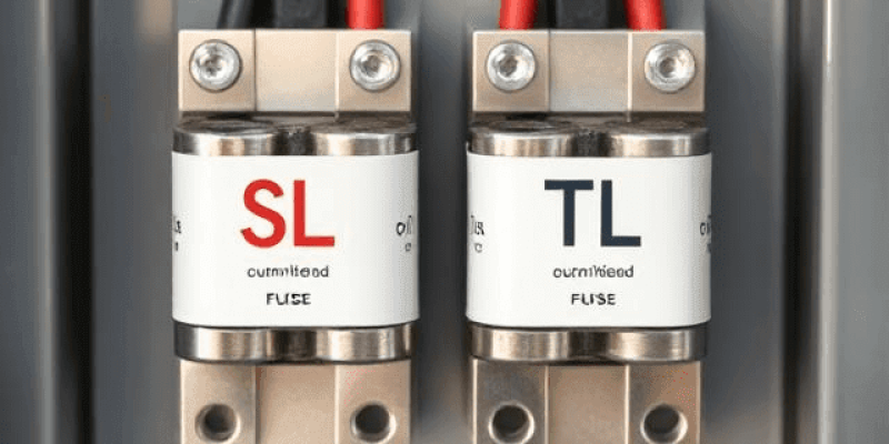 A detailed image of an electrical panel showing both SL and TL fuses installed in their holders, highlighting the differences in base design and fuse compatibility.