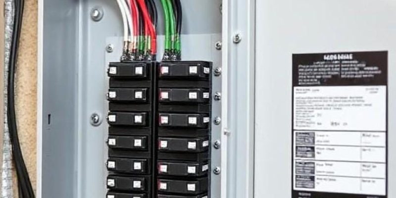 A detailed image showing the inner workings of a subpanel electrical system installed within a residential property. The subpanel's circuit breakers, feeder wires, and electrical components are visible, emphasizing the panel’s role in distributing power safely.