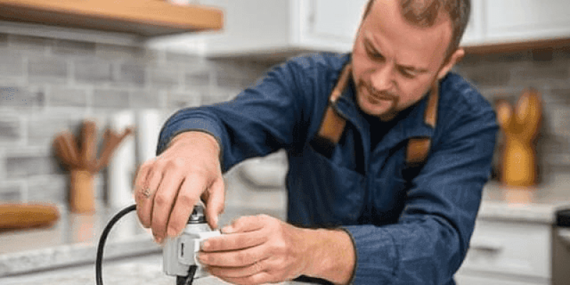 Image showing an electrician installing a pop-up electrical outlet into a kitchen countertop, focusing on precise cutting and the outlet's integration into a modern kitchen design.
